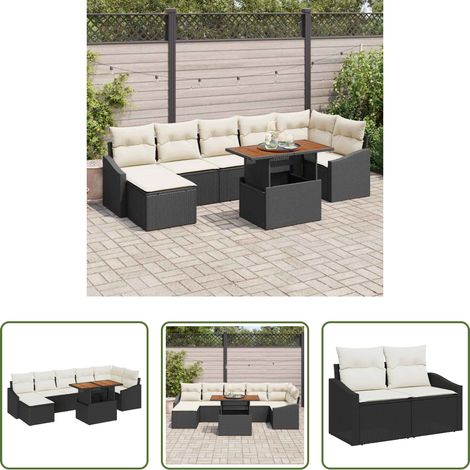 Poly rattan - Ensemble de salle à manger pour jardin 8 pcs Noir et Crème (1/5)
