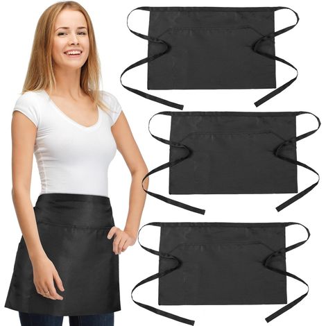 Lot de 3 tabliers courts unisexes GWHOLE avec poches - Tabliers de taille noirs pour chefs, serveurs, boulangers et artisans (1/5)