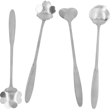 Cuillères à mélanger en forme de cœur et de fleur, en acier inoxydable, pour café, dessert et thé glacé (lot de 4), couleur argent. (1/5)