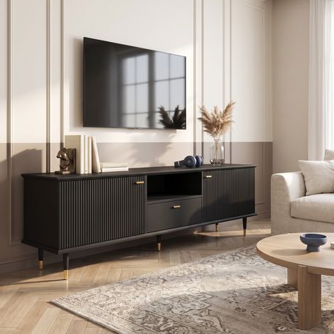 Meuble TV 170 cm avec Tiroir et Compartiments, Finition Laquée, Style Moderne, Noir (1/5)