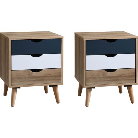 Comodino 3 cassetti Naturale, Bianco e Blu marine - Lotto di 2 - LURVIA (1/5)