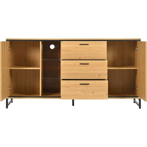 Aparador de madera natural con 3 cajones y LED de 16 colores, 160 x 40 x 85 cm (1/5)