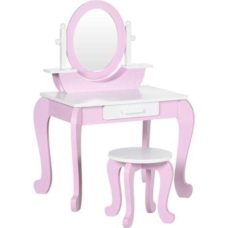 Coiffeuse en bois pour enfants avec tabouret et miroir, centre de beauté avec 1 tiroir pour les 3-6 ans, 65,5 x 46 x 93 cm, rose (1/5)