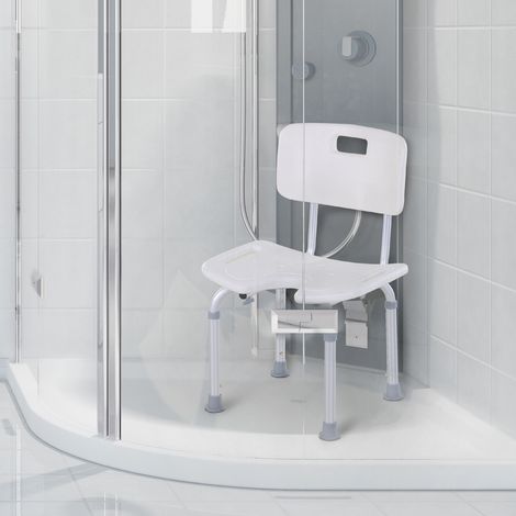 8-fach verstellbarer Duschstuhl mit Abflusslöchern und U-förmiger Sitzfläche, Duschstuhl aus Aluminium und Polyethylen, 48 x 42 x 71–83,5 cm, Weiß und Silber