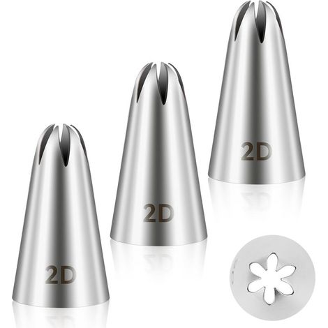 Lot de 3 embouts de douille 2D en acier inoxydable pour décoration de gateaux - Pour crème au beurre, glaage de gateau d'anniversaire, cupcake - Fournitures de patisserie - Argenté (1/5)