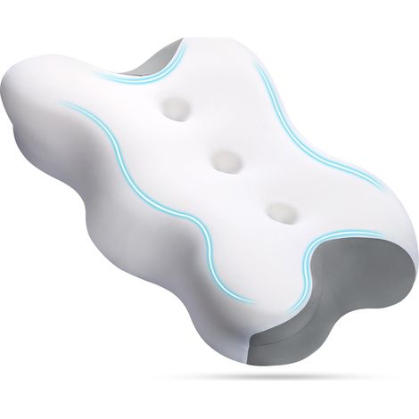 Oreiller en Mousse à mémoire de Forme pour Les douleurs cervicales, Oreiller Ergonomique Cervical, Oreiller orthopédique avec Design rainuré - 62× 36×8/12 cm, Blanc + Gris (1/5)