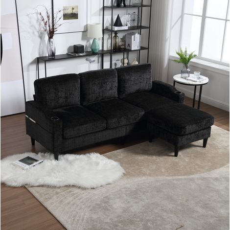 4-Sitzer-Sofa (196.5x75x77 cm), mit Stauraumhocker, Getränkehaltern und Seitentaschen, Chenille, Schwarz (1/5)