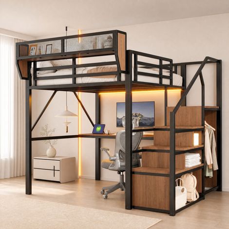 Litera metálica 140 x 200 cm con escritorio, escalera, LED y almacenamiento, negro HAVRYA (1/5)