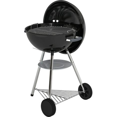 barbecue portatile a carbone, griglia esterna rotonda con coperchio, termometro, ruote, nero.