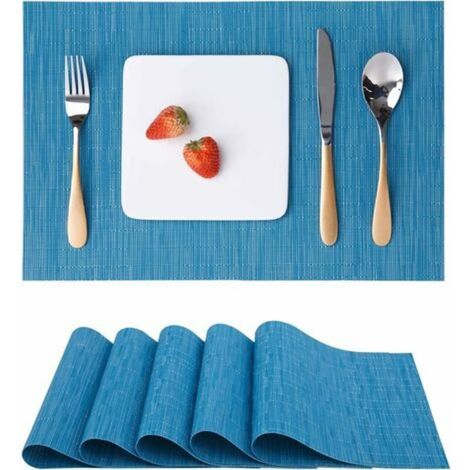 Lot de 6 sets de table, lavable antidérapant Isolation thermique tissé en vinyle Sets de table pour table de salle à manger de cuisine Sets de table, bleu, 30x45cm