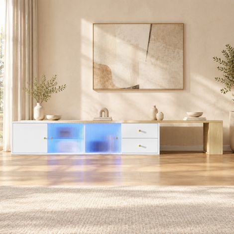 Mueble TV extensible 175/40/35,5 cm blanco y natural, con LED RGB y puertas correderas de cristal (1/5)