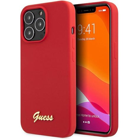 Funda rígida Guess GUHCP13XLSLMGRE para iPhone 13 Pro Max de 6,7 pulgadas, color rojo/burdeos, de silicona con logo dorado vintage. (1/5)