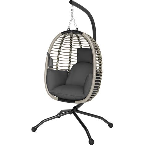 Outdoor Swing Chair Thick Padded Cushion, Patio Hanging Egg Chair Metal Stand, Foldable Basket, Cup Holder, Rope Structure for Indoor & Outdoor, Dark Grey (1/5)