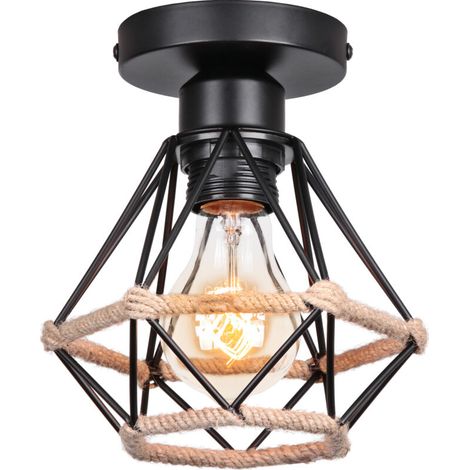 Plafonnier Industriel Vintage Interieur Cage en forme Diamant en Métal avec Corde de Chanvre Fer Lustre Suspension Luminaire pour Salon Salle Chambre Déco, Noir (1/4)