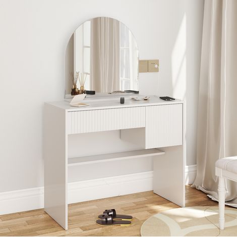 Schminktisch mit Spiegel – moderner frisiertisch mit Schubladen und offenen Regalen, weiß,-H135/B90/T40cm (1/5)