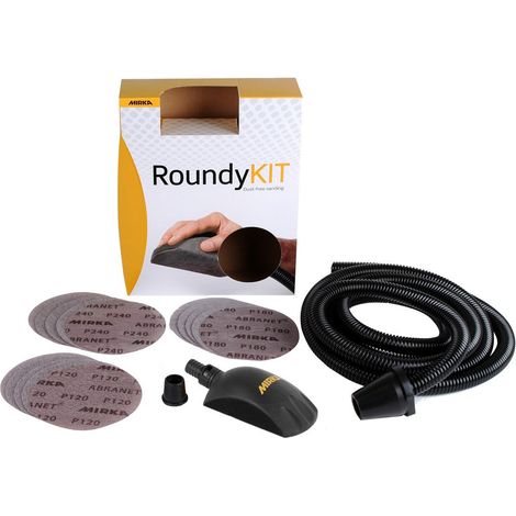 Mirka – Kit cale manuelle ROUNDY 150mm – 15 disques Abranet P120/P180/P240 – Tuyau d'aspiration 4m – Pour ponçage précis et sans poussière - KIT00ROUND