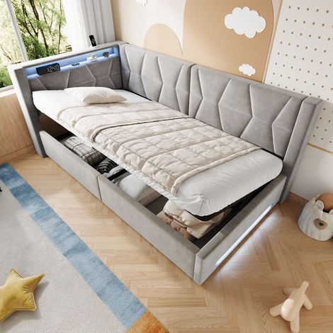 Cama tapizada individual 210x98.5x83 cm con almacenaje, LED, USB y Type-C, metal y terciopelo, gris oscuro (1/5)
