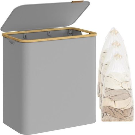 1 panier à linge 3 compartiments, tissu Oxford résistant, capacité 150 L, gris tourterelle, pour salle de bain et buanderie (1/4)
