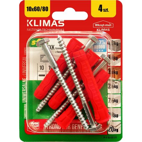 Chevilles Universelles Klimas 10 x 80 Avec Tete Hexagonale SW-10, Blister De 4