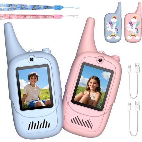 Set mit 2 Video-Walkie-Talkies mit 2-Zoll-IPS-Bildschirm, USB-C-Aufladung, 350 m Reichweite, 6 Spracheffekten, für Kinder von 3-12 Jahren (1/5)