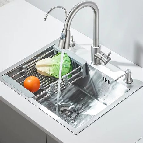 Évier de cuisine multifonctionnel, 55 x 45 cm, avec robinet extensible à 360 degrés, distributeur de savon et robinet d'eau potable (1/5)