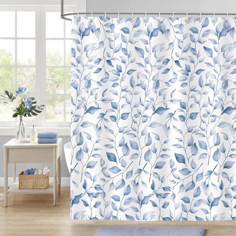 Rideau de Douche Feuilles Bleues Aquarelle, Rideau de Bain Motif Végétal 180x180cm, Tissu Imperméable Résistant Moisissures avec 12 Crochets (1/5)