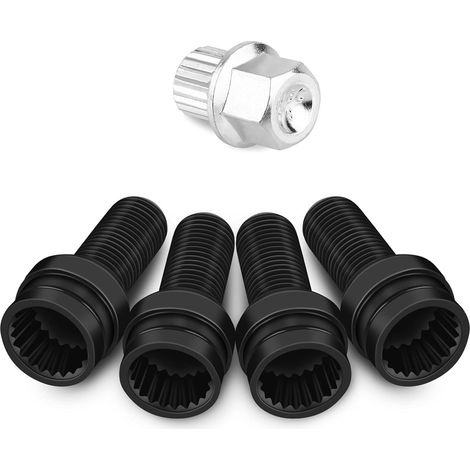 Boulons de roue antivol, vis et écrous antivol M14 1,5 mm, kit de boulons et écrous de sécurité antivol, boulons de roue en acier noir (4 pièces) (1/5)