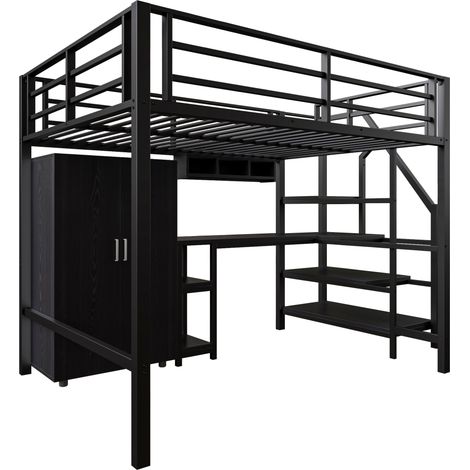 Hochbett 140 x 200 cm mit Kleiderschrank, Regalen, Stauraumtreppe, Schreibtisch, schwarz (1/5)