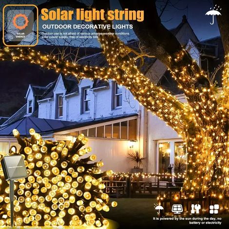 Guirlande lumineuse solaire LED (100 LED, 12 m, blanc chaud) compatible avec les espaces extérieurs pour Noël, jardin, terrasse ou balcon. 8 modes d'éclairage, étanche, effet scintillant. (1/5)