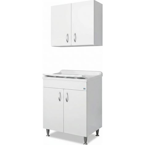 Aménagement buanderie avec évier 60x50 cm et meuble haut – Blanc – Bois hydrofuge – Negrari (1/5)