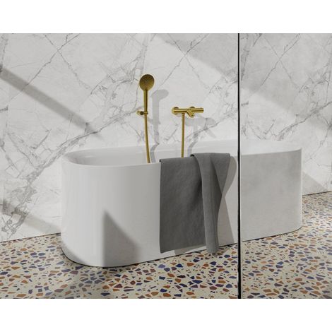 Fortifura Calvi Robinet de baignoire thermostatique avec douchette ronde, support et flexible métal Laiton brossé PVD (1/5)
