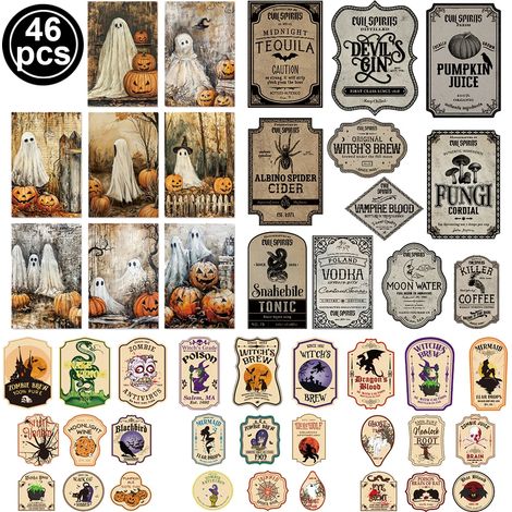 (46 autocollants) Autocollants décoratifs pour bouteilles de vin sur le thème d'Halloween - Collection Art Classique - Étiquettes idéales pour décorer votre intérieur à Halloween ou offrir en cadeau à (1/5)