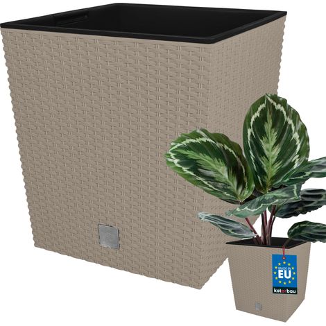 KOTARBAU® Kotarbau® Pot de Fleur Exterieur 26 x 26 cm - avec Insert Intérieur Pot Plastique Plante 15,8 L - Pot de Fleur Carré - Aspect Rotin - Moka (1/5)