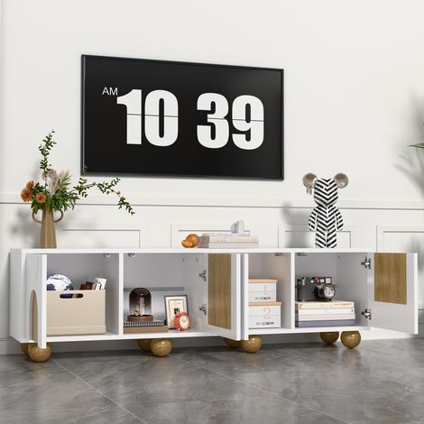 Meuble TV 175x38x50 cm naturel et blanc en MDF avec 4 portes et grand espace de rangement (1/5)