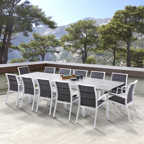 Salon de jardin Ensemble ModuloWood T 8/12 + F 12 Verre Déco Bois Blanc Wilsa Garden (1/5)