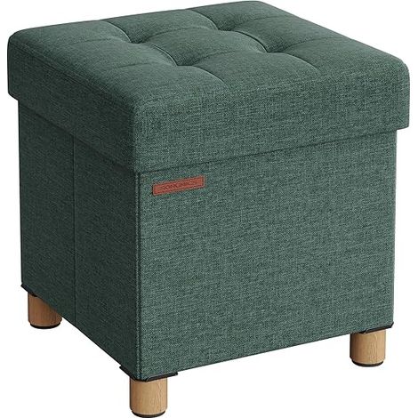 Songmics – Pouf coffre de rangement pliable 38 x 38 x 40 cm – Banc avec rembourrage en mousse – Tissu façon lin vert rétro – Capacité 300 kg (1/5)