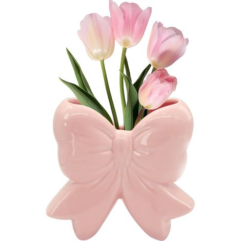 Coquette Vase Nœud Pot à Stylos en Céramique Porte-Pinceaux de Maquillage, Design Contemporain Décoratif Femmes Cadeaux pour Maison Bureau Étagère Table Salon Classique Rose (1/5)