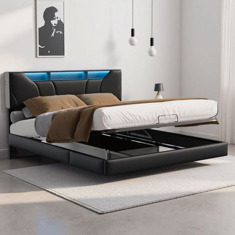 Cama 140x200 cm - Cama con cofre y LED - Cabecera ajustable - Almacenamiento integrado - Negro