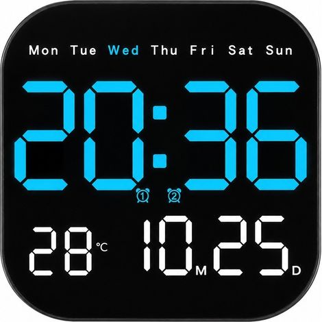 Horloge murale LED avec thermomètre, alarme et calendrier, design moderne, à suspendre ou à poser, bleue (1/5)
