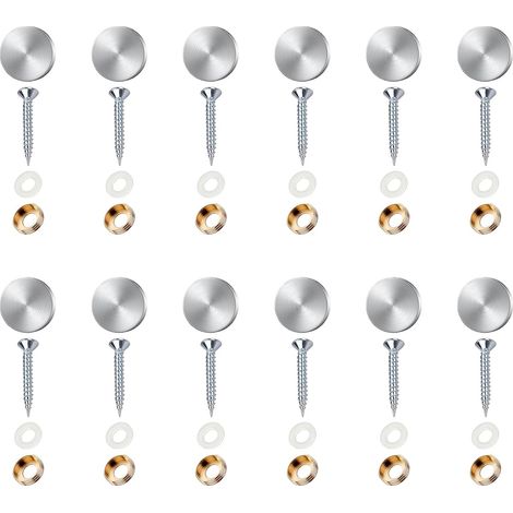 Lot de 12 vis à miroir - Vis décoratives - 16 mm - En acier inoxydable - Avec rondelles - Vis décoratives argentées - Pour tables, panneaux de salle de bain, verre, miroir et décoration en (1/5)