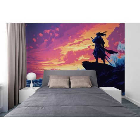 Papier peint panoramique – Samouraï et océan au coucher du soleil - 300 x 250 cm (1/2)