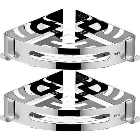 Étagère d'angle de salle de bain triangulaire sans perçage, étagère de rangement brillante en acier inoxydable (1/4)