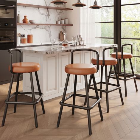 Tabourets de bar x4 modernes, dossier ergonomique, cuir PU hydrofuge, pieds en fer, repose-pieds, marron 37x37x90,5 cm (1/5)