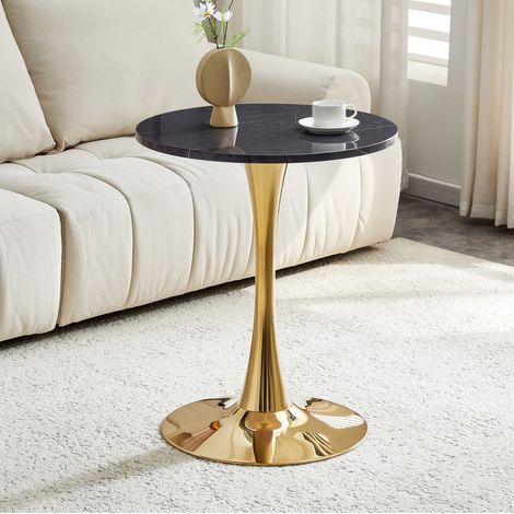 REDOM - Table d’appoint ronde 60x60x72 cm, style Mid Century, plateau marbré noir, pieds métalliques dorés, MDF noir et doré (1/5)