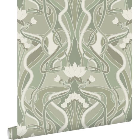 papier peint fleurs vintage de style art nouveau vert grisé clair - ESTAhome (1/5)