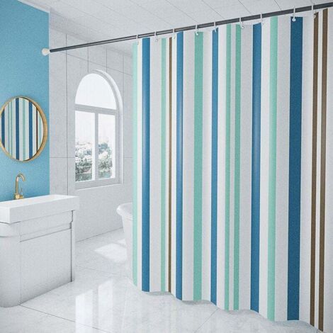 180 x 200cm Rideau de Douche avec 12 Crochets Séchage Rapide(rayures bleues), Tissu Polyester Imperméable Lavable en Machine, Rideaux Salle de Bain (1/4)