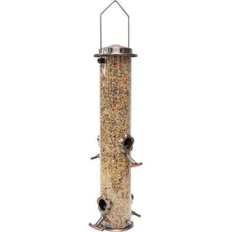 Mangeoires à oiseaux en métal Mangeoire à oiseaux en métal Acier inoxydable pour l'extérieur À suspendre Finition cuivre entièrement métallique 15 pouces 4 ports (graines non incluses) (1/5)
