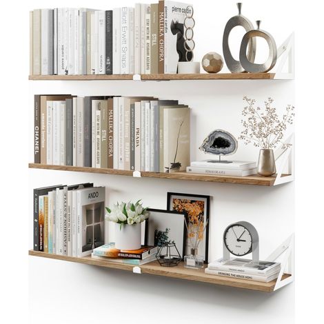 Étagères murales suspendues pour Le Mur, Lot de 3, étagère bibliothèque pour Chambre à Coucher, Salon, Bureau, Salle de Bain, Cuisine, Bois avec Support métallique (Naturel Blanc Grand) (1/5)