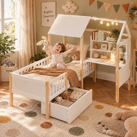 JOOKGBD-Letto per Bambini Casa in Legno 90×200cm, Scrivania Integrata con Scaffali di Stoccaggio, Cassetto con Rotelle sotto il Letto, Tetto Decorativo, Parapetto di Sicurezza per Camera dei Bambini (1/5)
