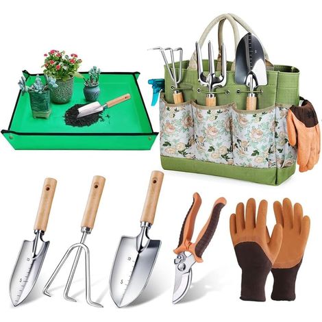 7 pièces Outils Jardinage, Outils de Jardinage en Acier Inoxydable avec XL Sac de Rangement, Gants de, Sac de Transport, Cadeau Pratique pour Jardinière Mère (1/5)